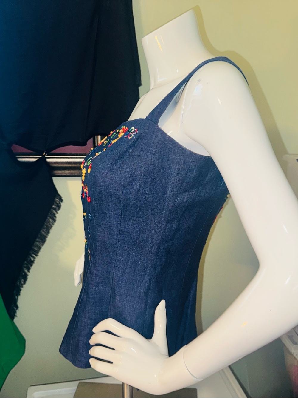 👑 Size 4 Designer Donna Morgan Navy Embroidered Denim Tank Dress - Picture 16 of 16